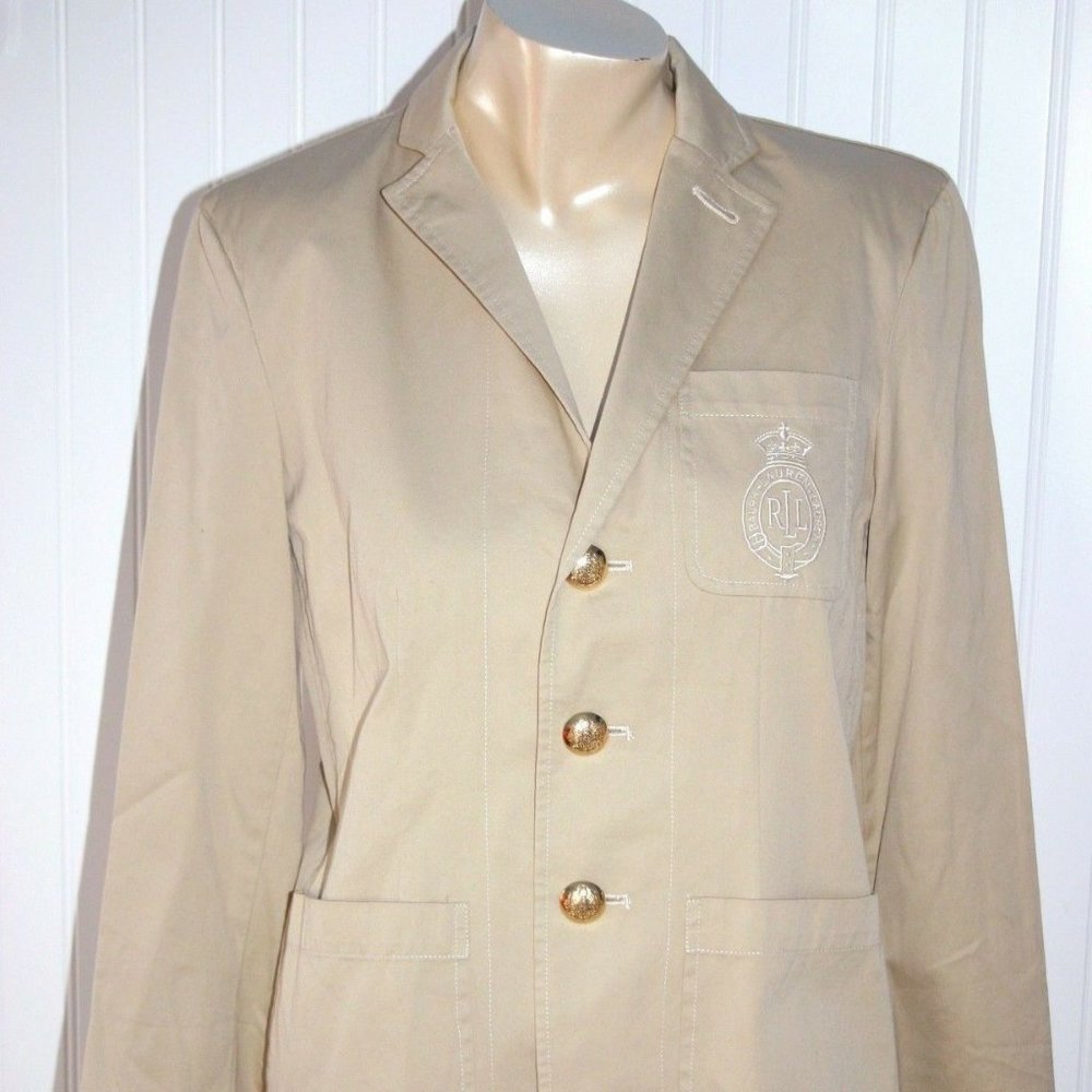 Cotton Khaki blazer w/crest sz. PS Small EUC